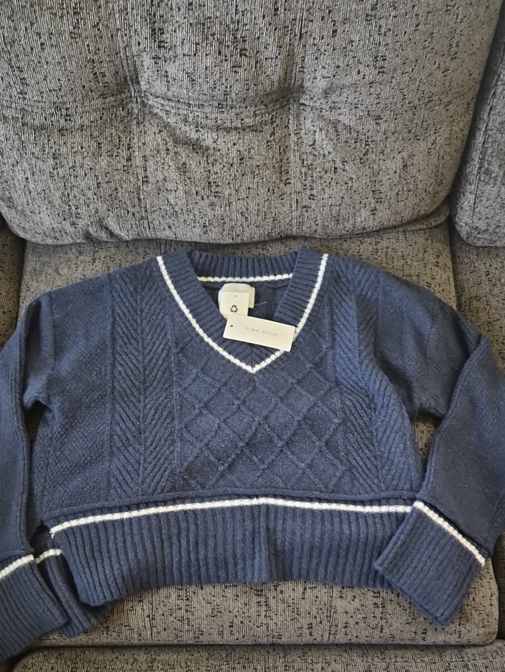Pink Rose Navy V-Neck Cable Knit Sweater with White Trim